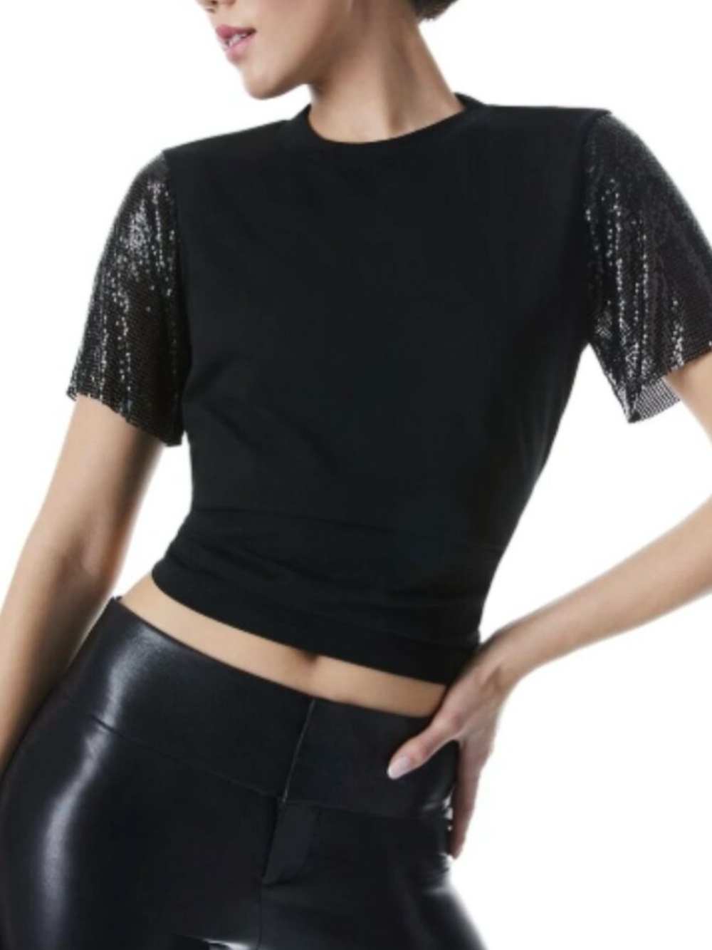 Alice + Olivia Tari Chainmail Paneled Cotton Jersey T-Shirt Black Size XS Small